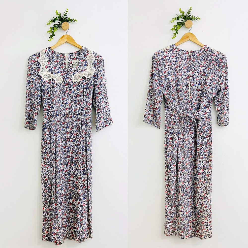 Atina By Karon Crosby Vintage Cottagecore Lace Collar Floral Prairie Dress